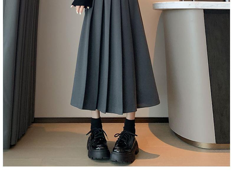 Set: High Waist Plain Pleated Midi A-Line Skirt + Belt Product Image