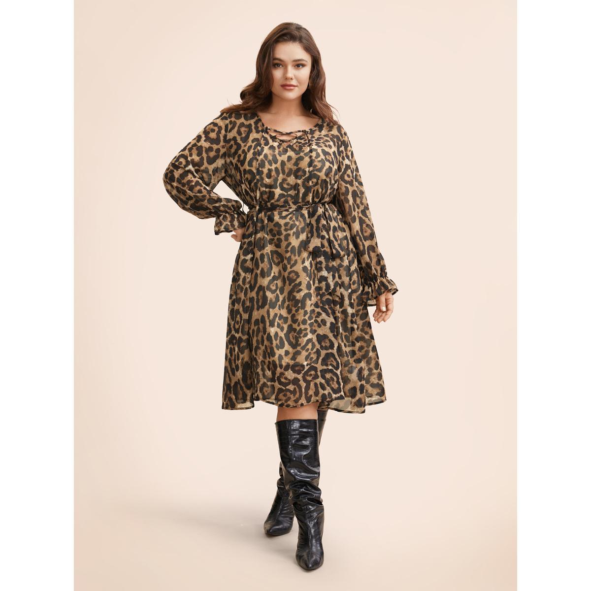 Plus Size Leopard Print Lace Up Lantern Sleeve Dress Leopard Women Romantic Wraparound straps V-neck Long Sleeve Curvy BloomChic 18-20/2X Product Image