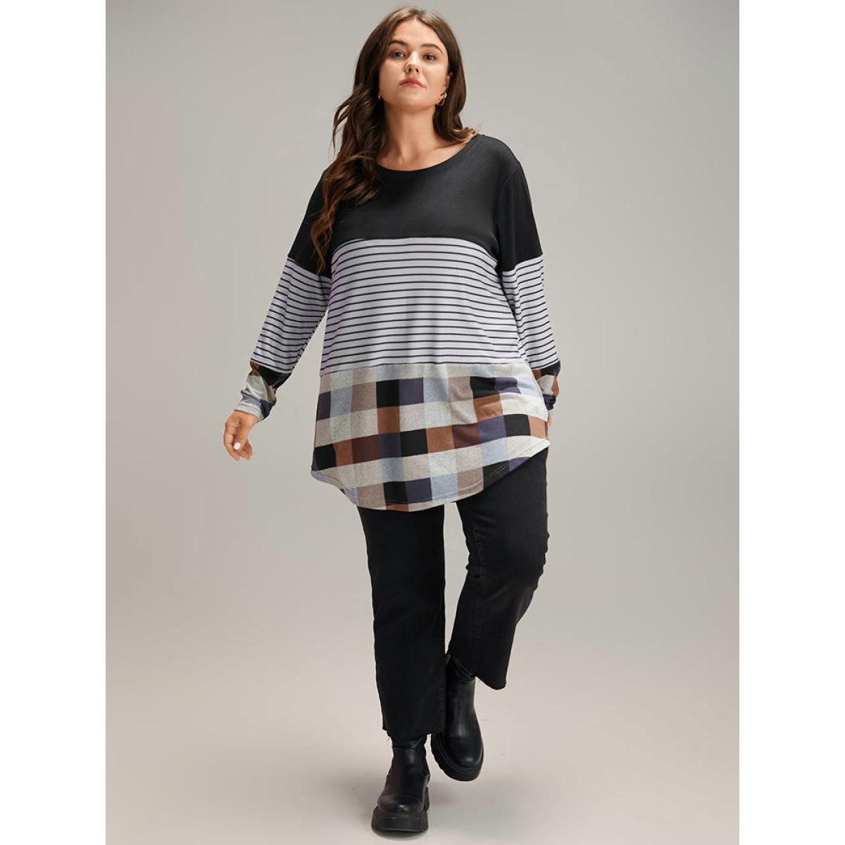 Plus Size Plaid Striped Patchwork Arc HemT-shirt Multicolor Women Casual Contrast Patchwork Round Neck Dailywear T-shirts BloomChic 10/M Product Image