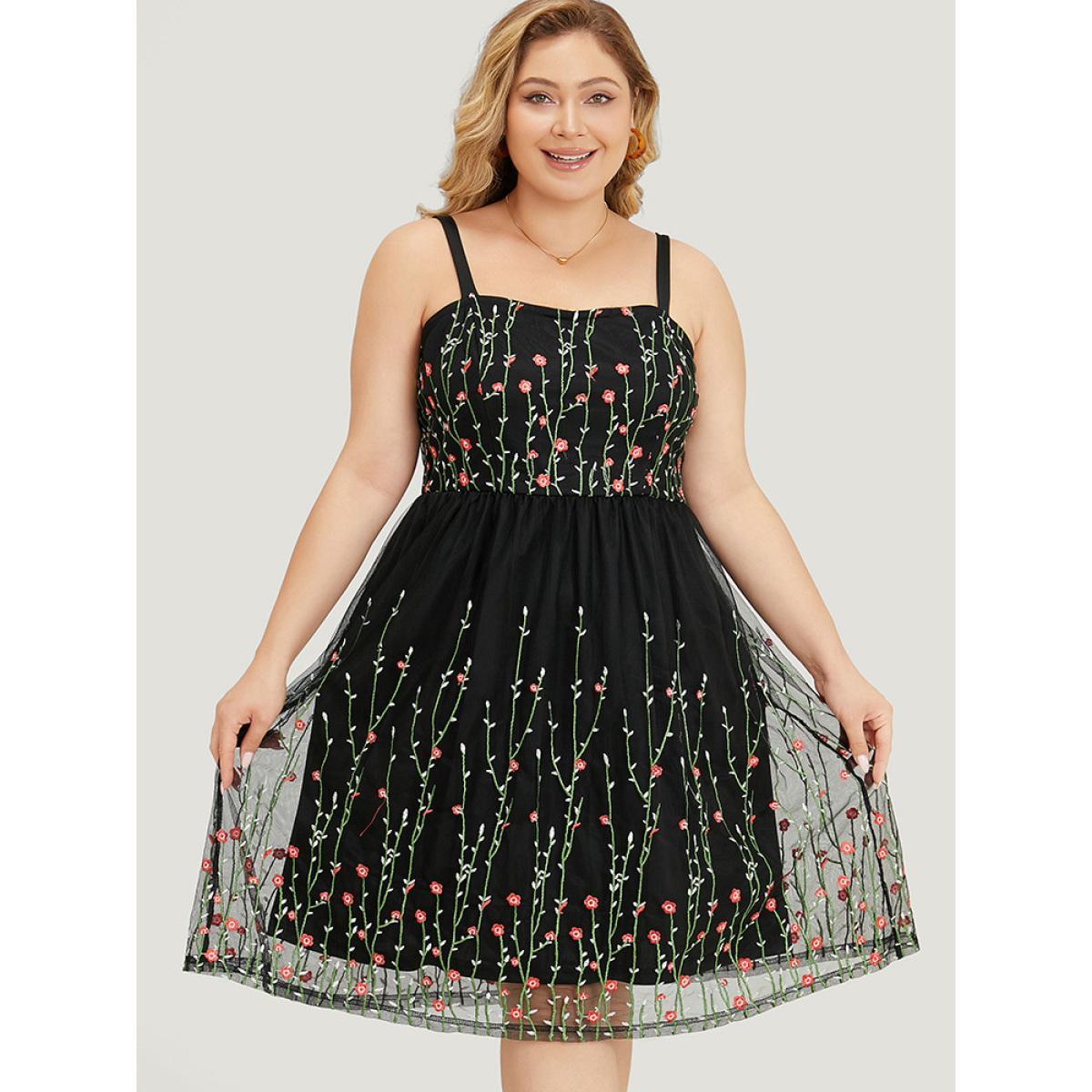 Plus Size Floral Embroidered Mesh Ruffle Hem Pocket Cami Dress Black Women Glamour Adjustable Straps Spaghetti Strap Sleeveless Curvy Knee Dress BloomChic 10/M Product Image