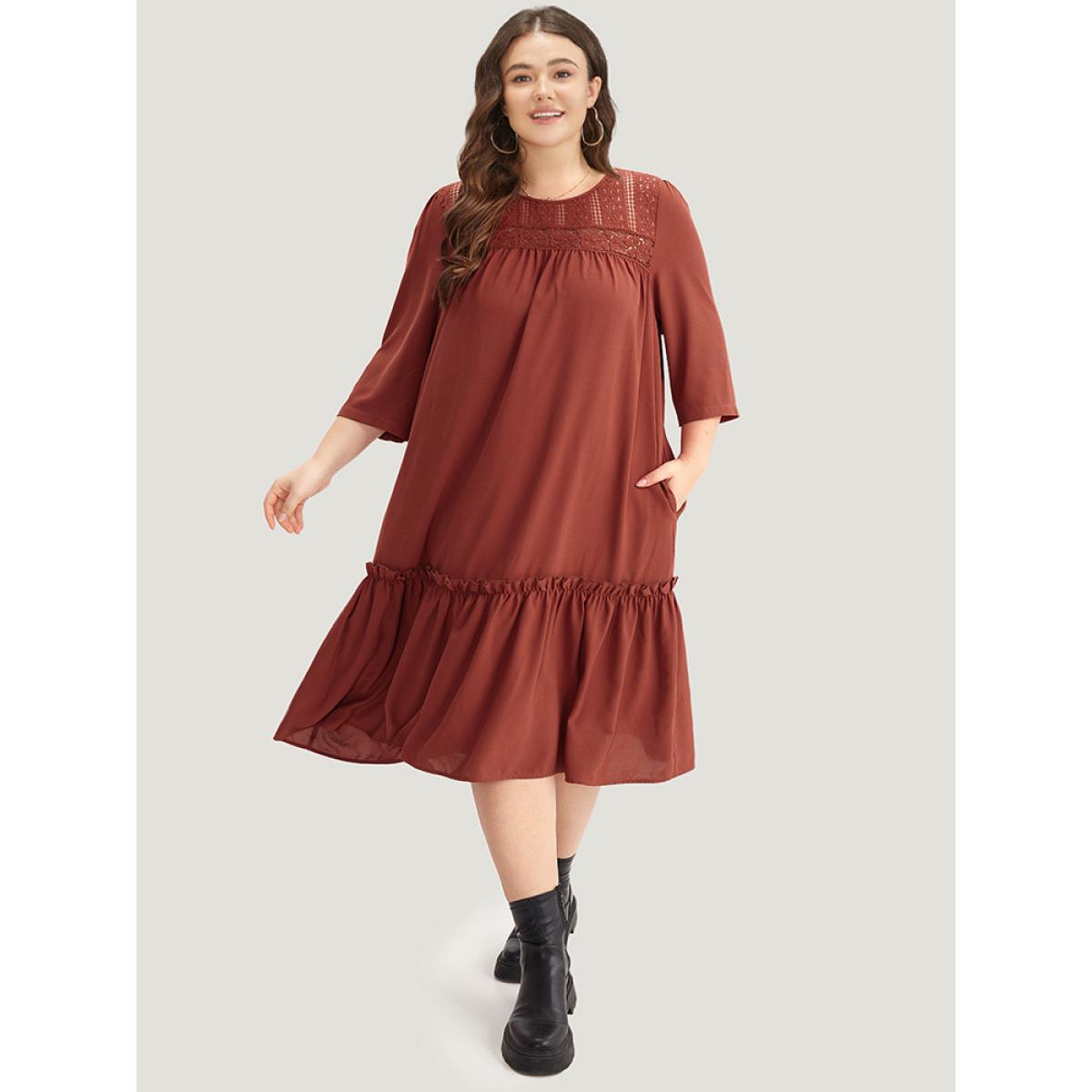 Plus Size Guipure Lace Frill Trim Cut Out Ruffle Hem Dress Russet Women Casual Gathered Round Neck Elbow-length sleeve Curvy Midi Dress BloomChic 28/5X Product Image