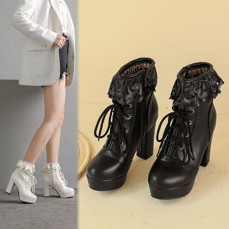 Block Heel Frill Trim Lace-Up Shoes Product Image