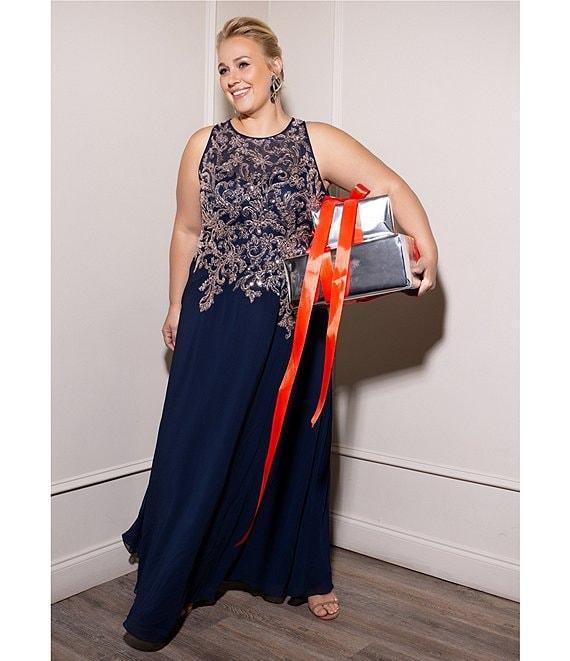 Betsy & Adam Plus Size Halter Neck Sleeveless Beaded A Line Chiffon Gown Product Image