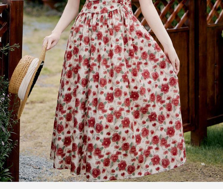 Short-Sleeve Square Neck Floral Print Midi A-Line Dress Product Image