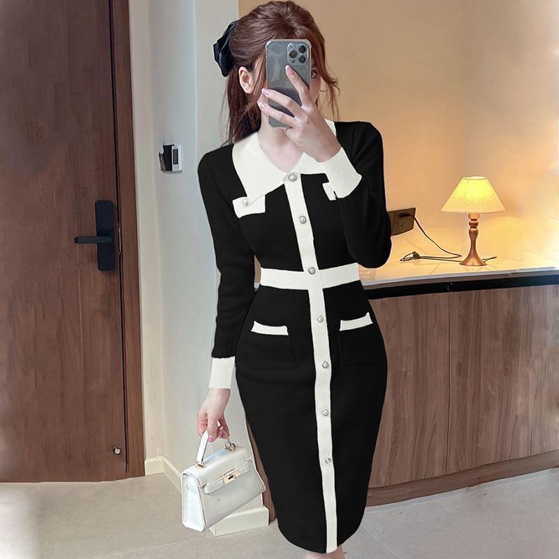 Long-Sleeve Collared Two Tone Knit Midi Sheath Dress Product Image