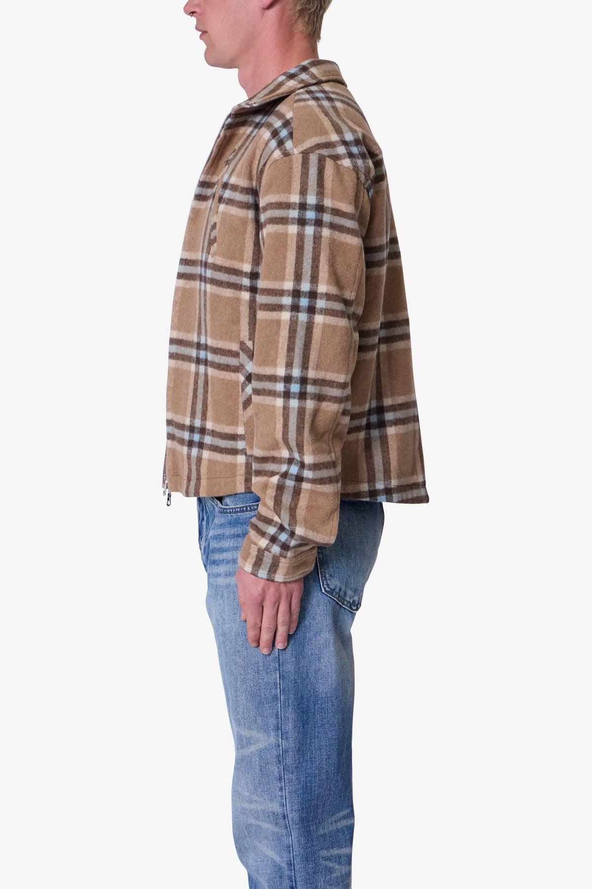 Plaid Flannel Front Zip Jacket - Brown/Cream Product Image