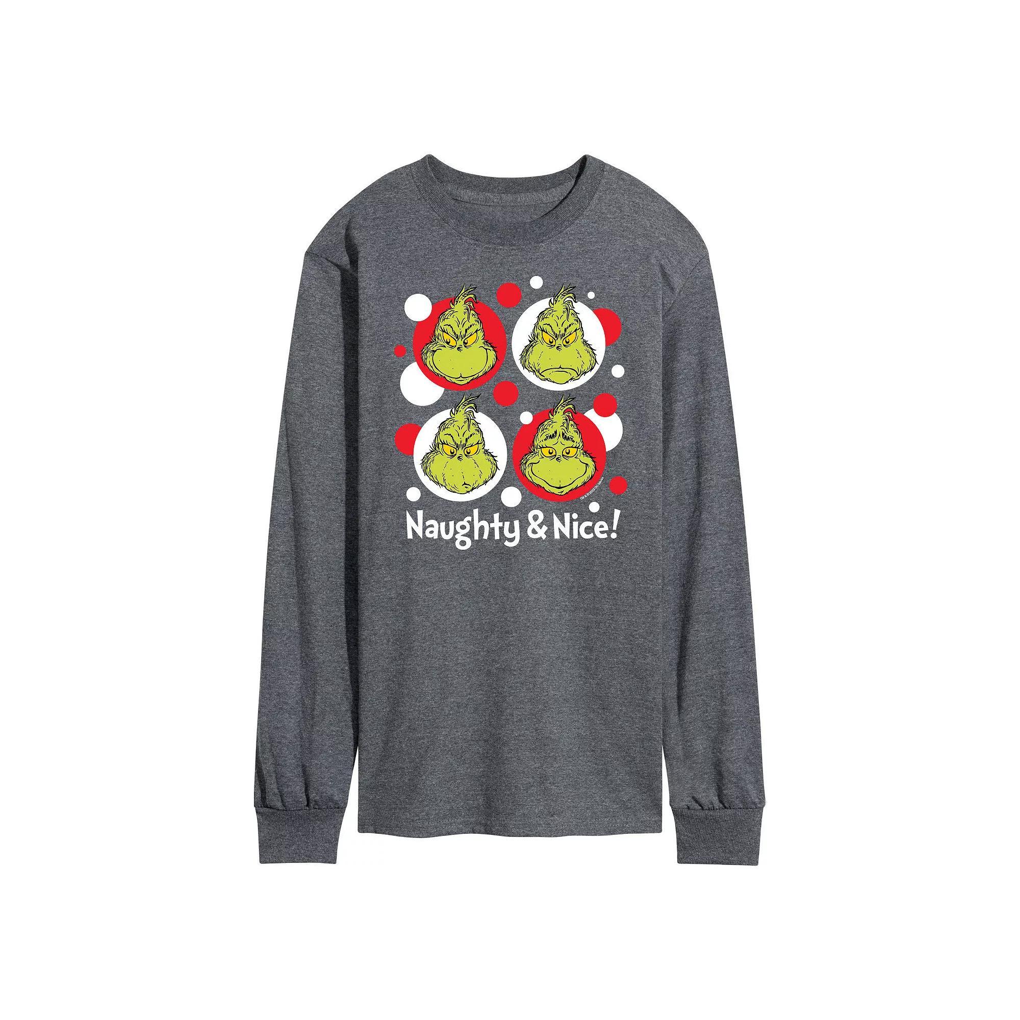 Men's Dr. Seuss Grinch Naughty & Nice Long Sleeve Tee, Size: Medium, Gray Product Image