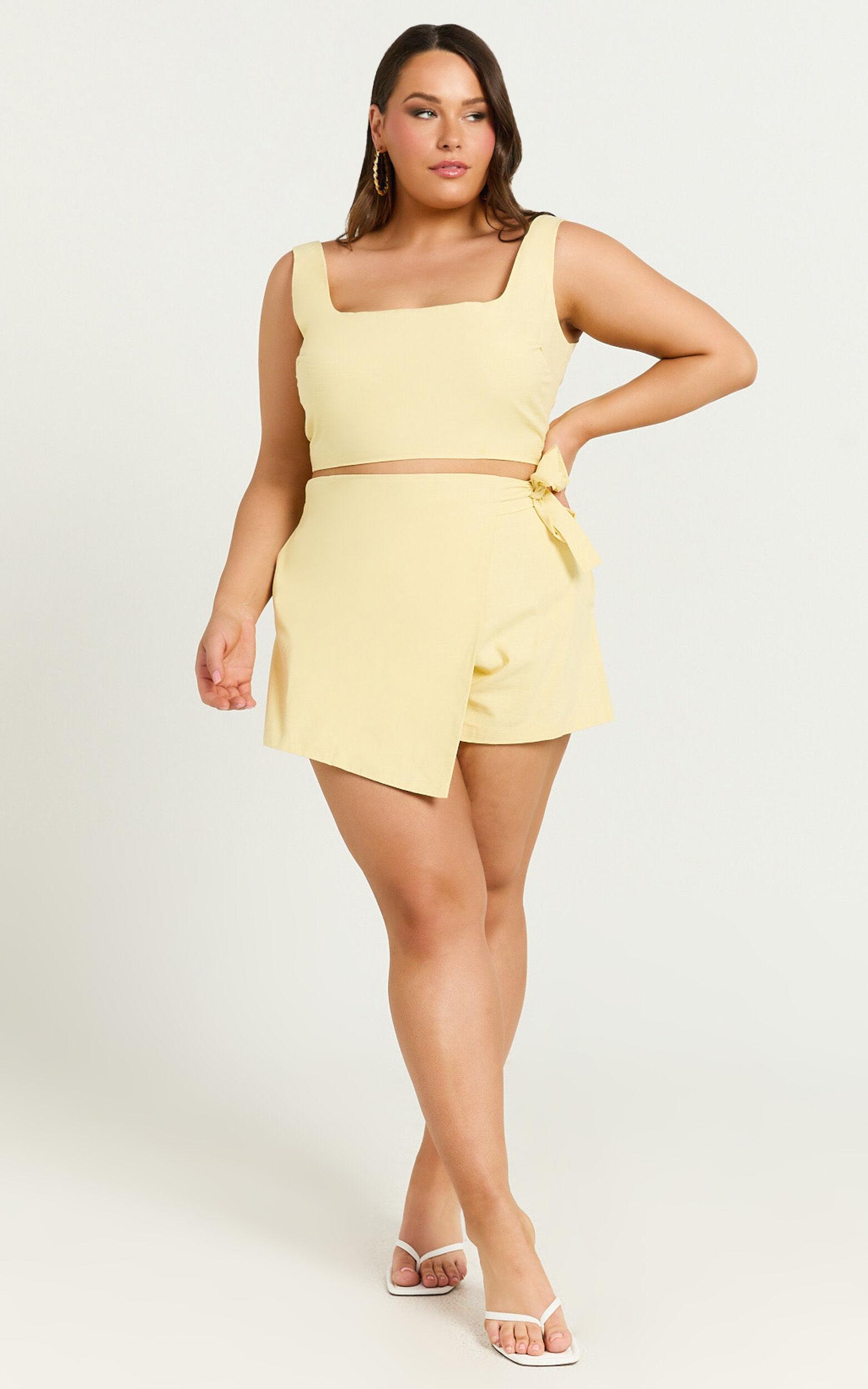 Polina Two Piece Set - Linen Square Neck Crop Top and Tie Waist Skort Set in Lemon Product Image