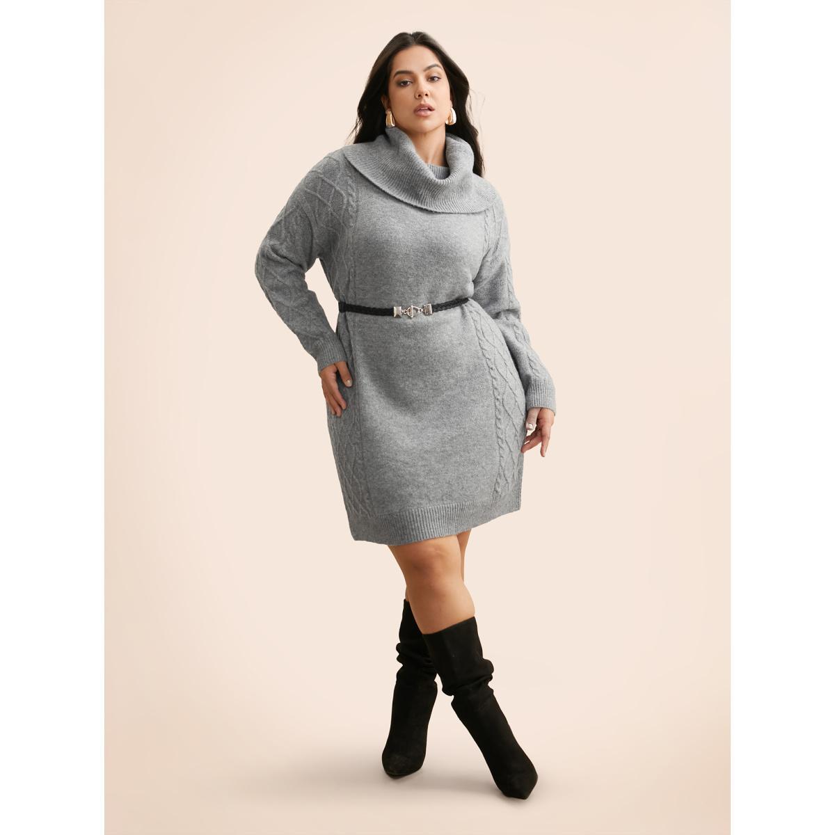 Plus Size Airy Cozy Cable Knit Wool Sweater Dress DimGray Women Casual Loose Long Sleeve Everyday Sweater Dresses BloomChic 18-20/2X Product Image