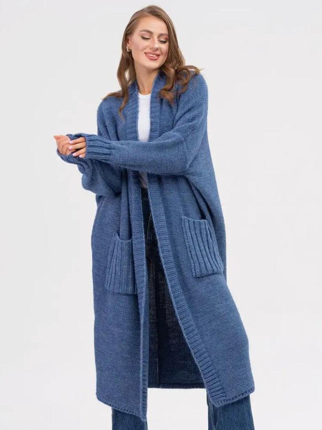 Pocketed Open Front Long Sleeve Longline Cardigan Product Image