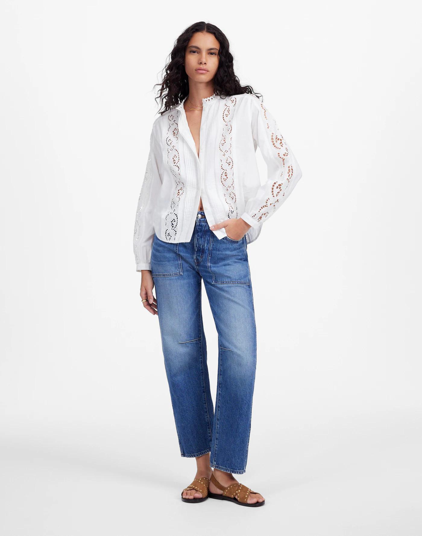 Lace-Inset Pintucked Button-Up Top Product Image