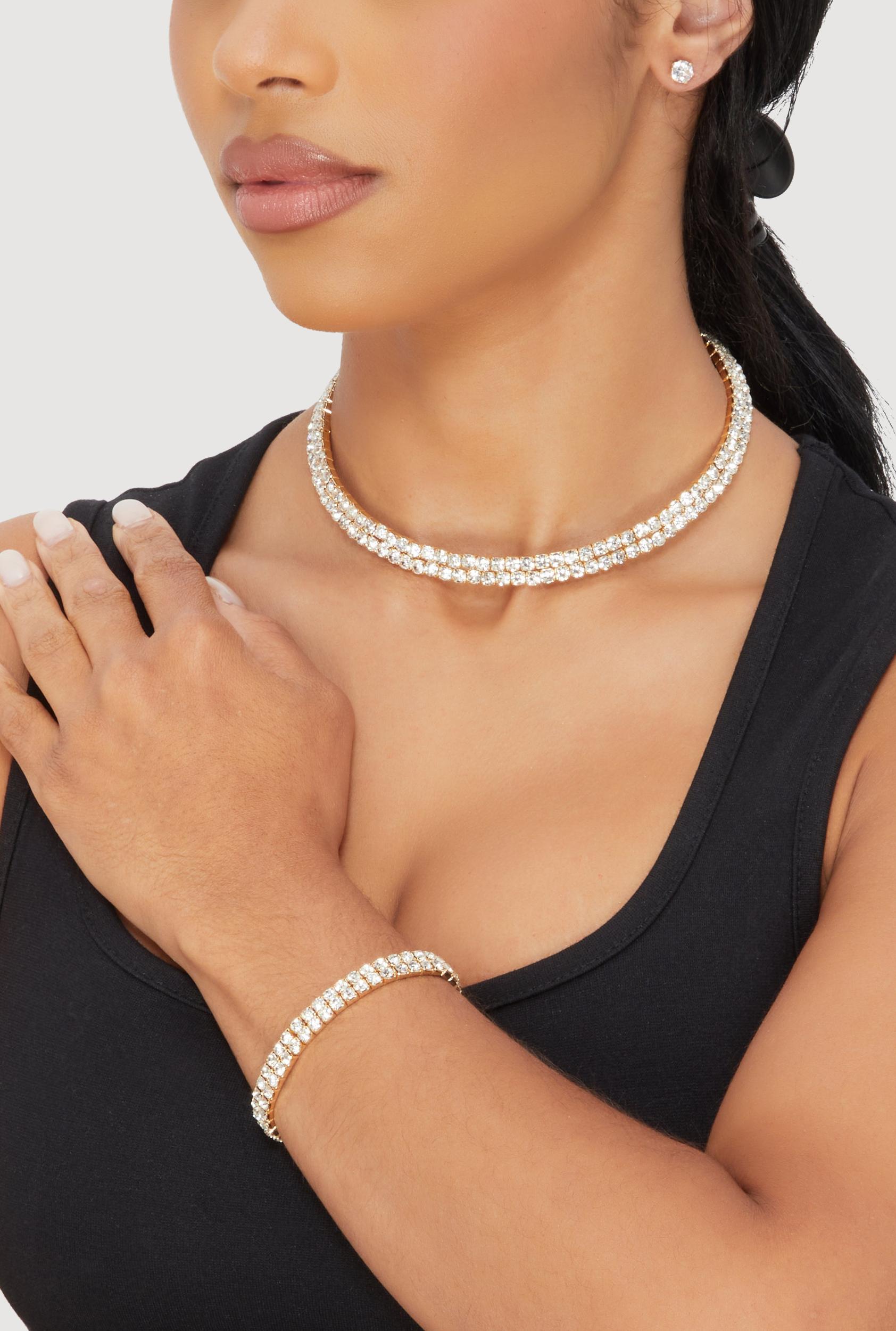 Rhinestone Choker Necklace and Bracelet with Stud Earrings Male Product Image