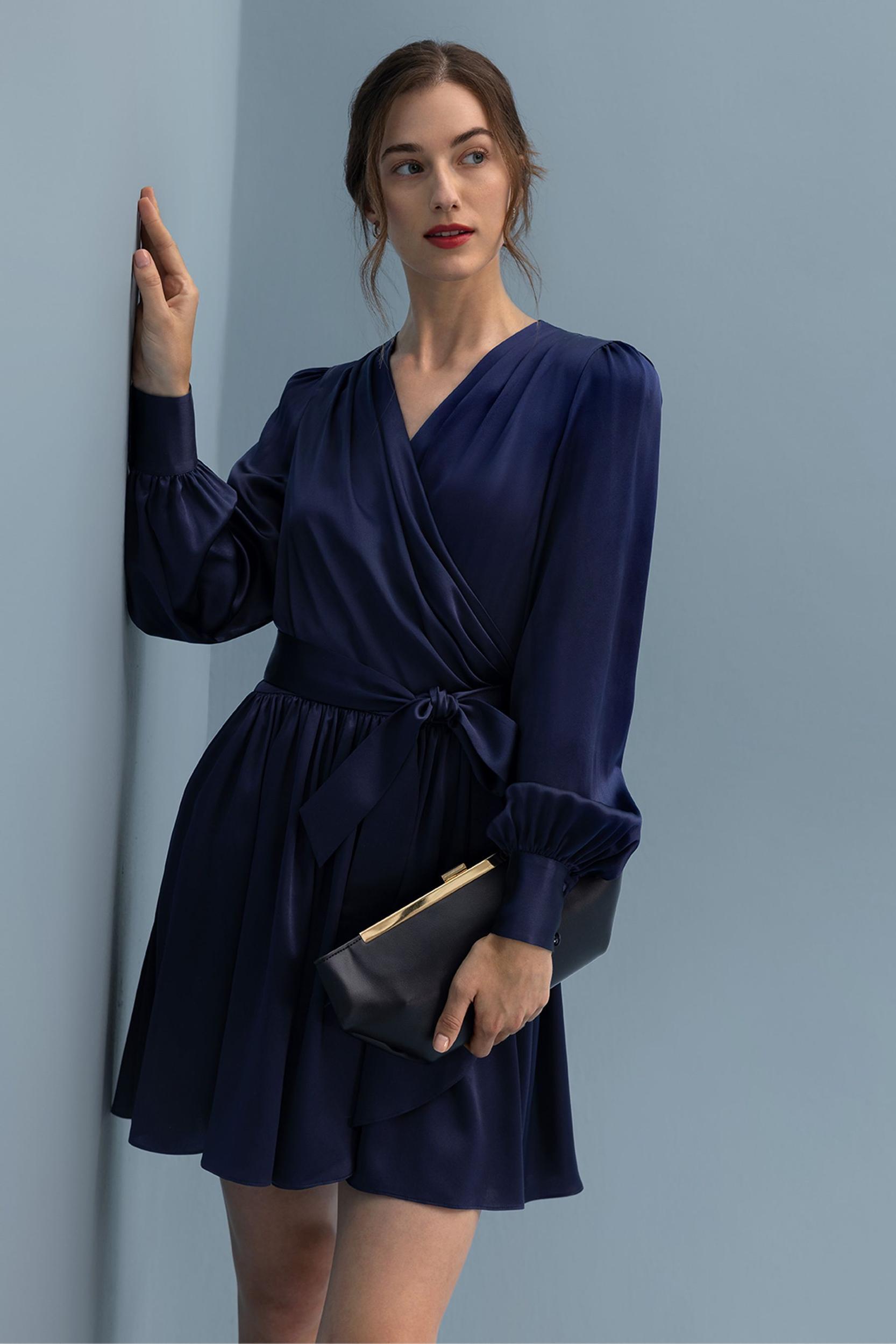 LILYSILK Long Sleeve Silk Dress for Women Navy Blue Pure Silk Glossy Puff Sleeves Skin-Friendly and Breathable S Product Image