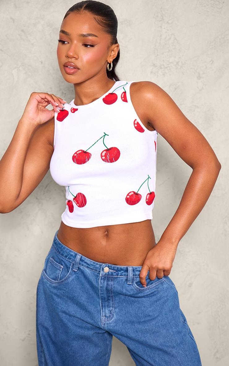 White Rib Cherry Printed Longline Racer Product Image