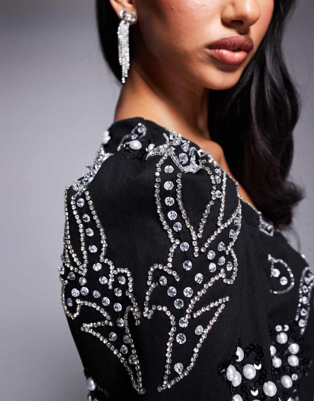 ASOS LUXE silver embellished mini dress in black Product Image