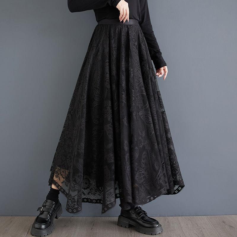 High Waistline Lace Floral A-Line Maxi Skirt Product Image