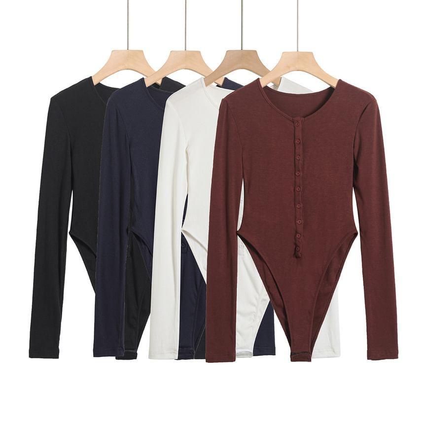 Long-Sleeve Plain Button-Up Bodysuit Top Product Image