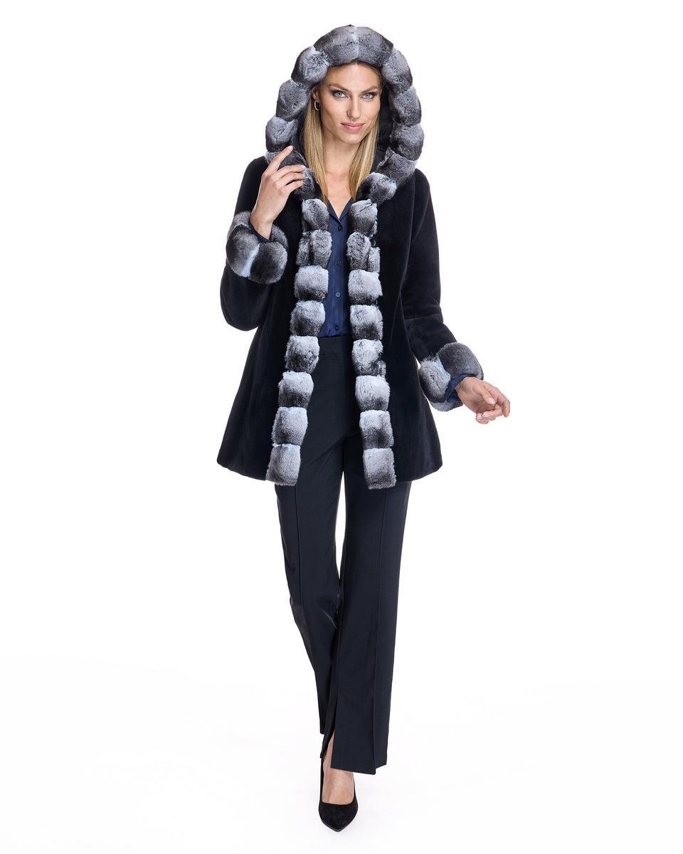 Sheared Mink Reversible Hooded Coat with Chinchilla Trim Product Image