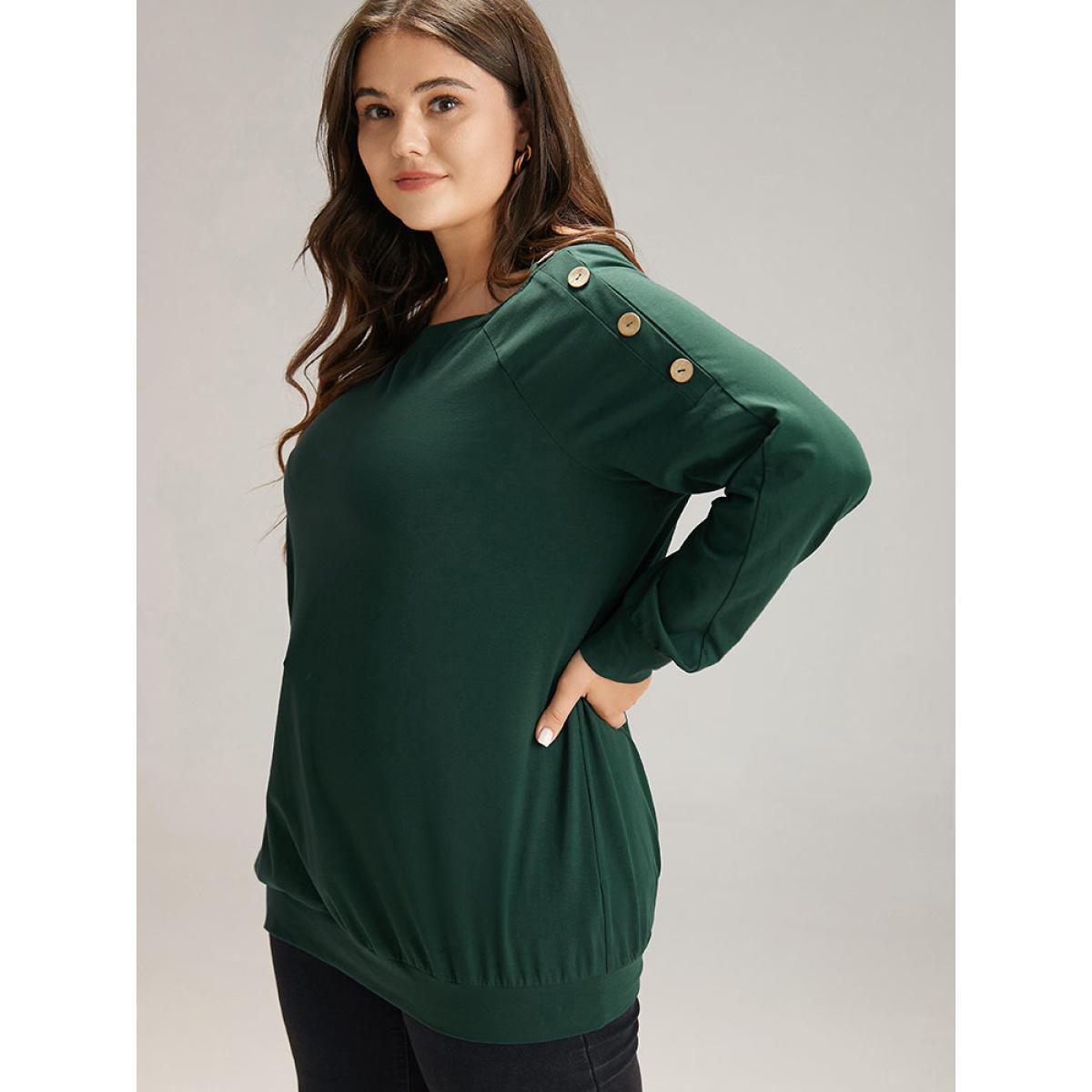 Plus Size Cotton Plain Button Detail Raglan Sleeve T-shirt DarkGreen Women Casual Plain Plain Round Neck Dailywear T-shirts BloomChic 18-20/2X Product Image
