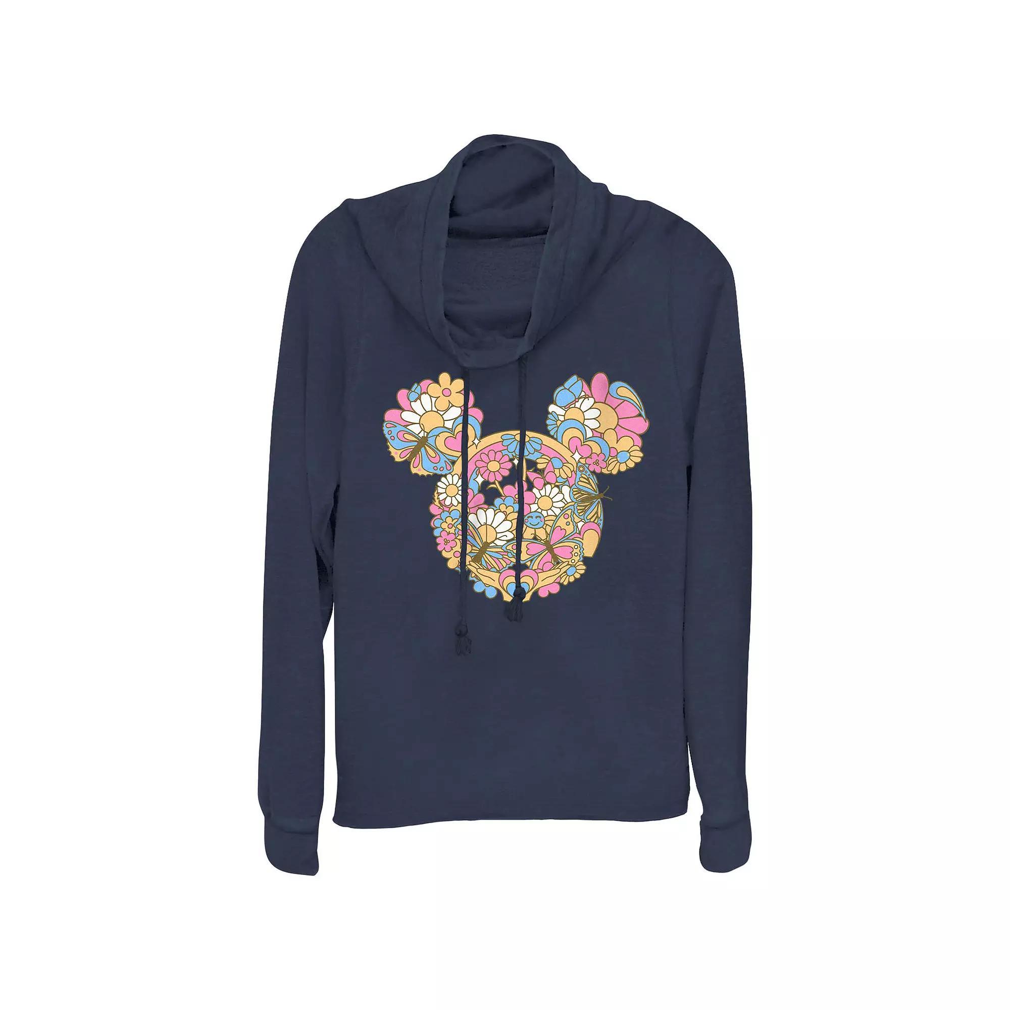 Disney's Mickey Mouse Flowers And Butterflies Women's Cowlneck Graphic Lightweight Long Sleeve, Size: XS, Blue Product Image