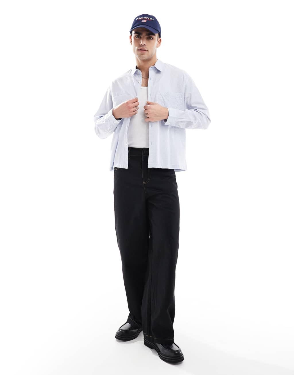 Pull&Bear long sleeve textured check shirt in gray Product Image