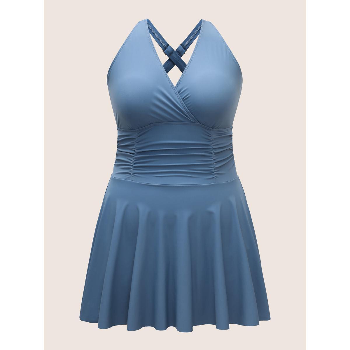 Plus Size Plain Overlap Collar Ruched Swim Dress Women's Swimwear Aegean Beach Bodycon Overlap Collar High stretch Curve Swim Dresses BloomChic 22-24/3X Product Image