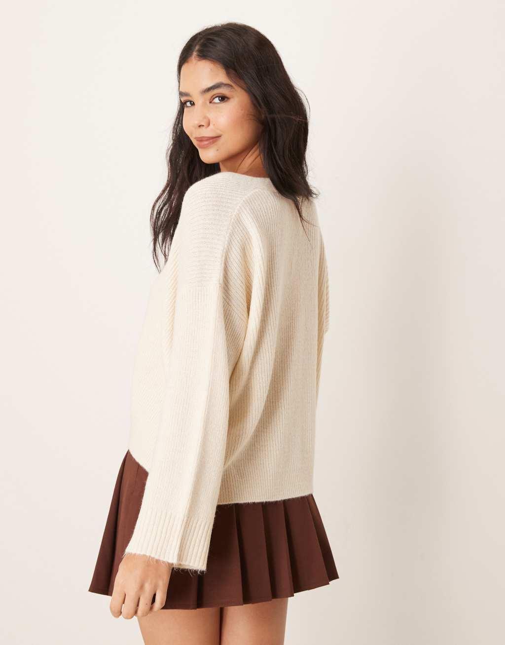 Miss Selfridge v neck knitted sweater in cream Product Image