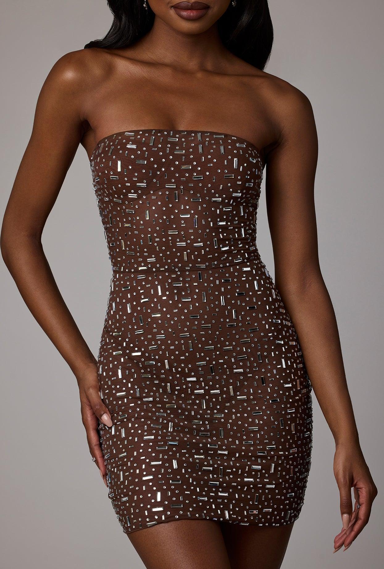 Sheer Embellished Bodycon Mini Dress in Deep Cocoa Product Image