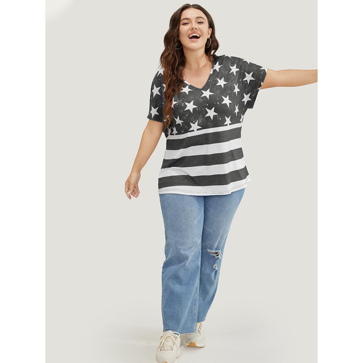 Plus Size Star & Striped Print Batwing Sleeve T-shirt DimGray Women Casual Moon and Star V-neck Everyday T-shirts BloomChic 12/L Product Image