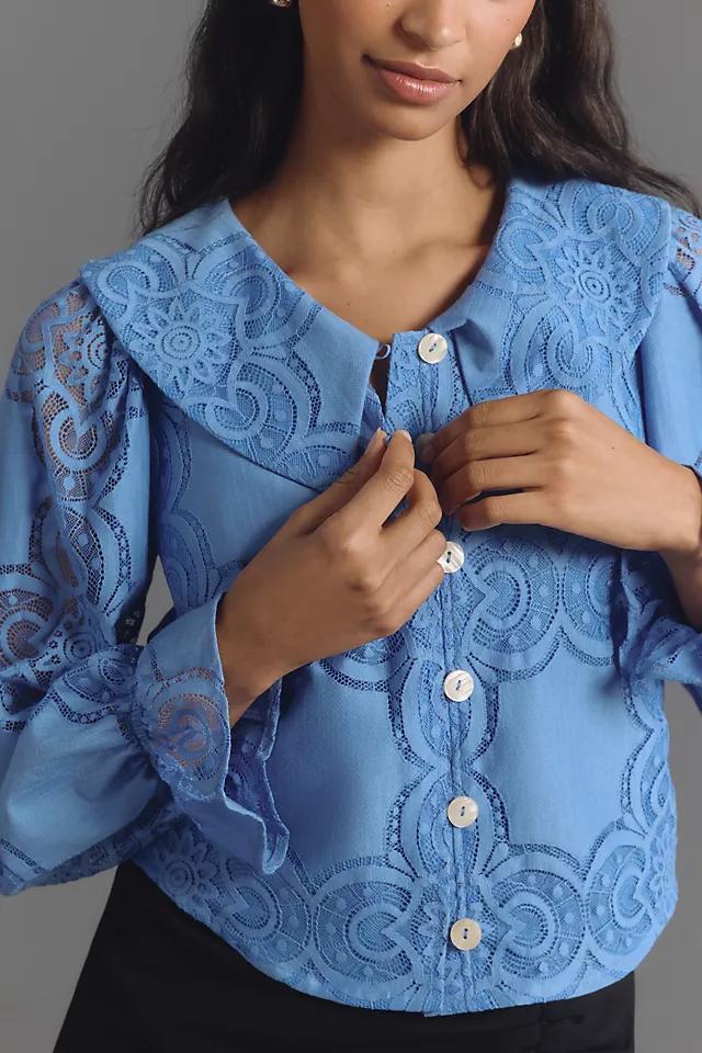 Maeve Long-Sleeve Collared Flower-Button Lace Blouse Product Image