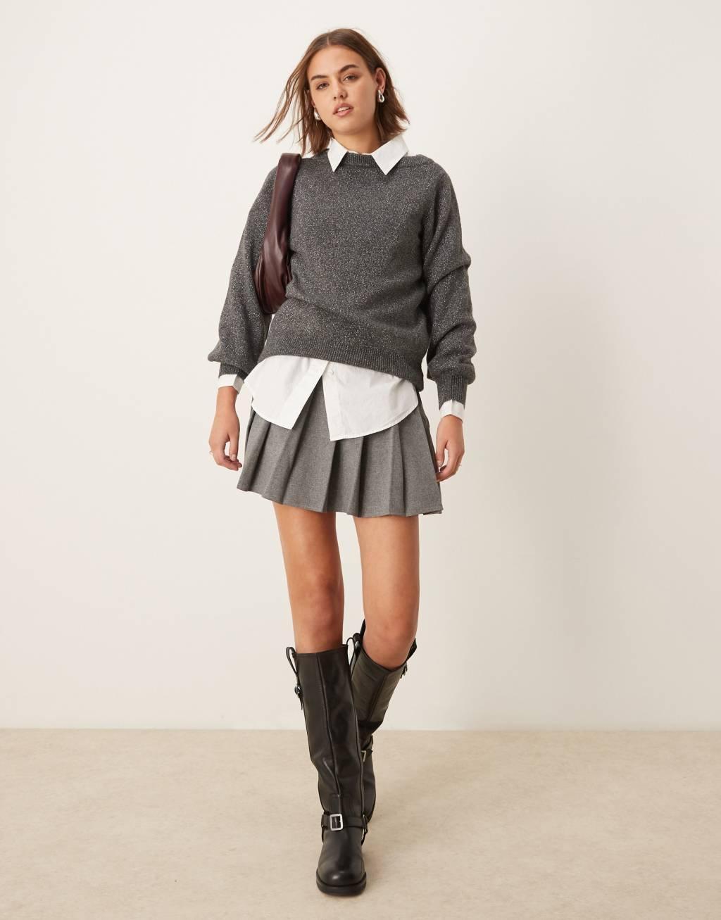 JDY boat neck glitter sweater in dark gray  Product Image