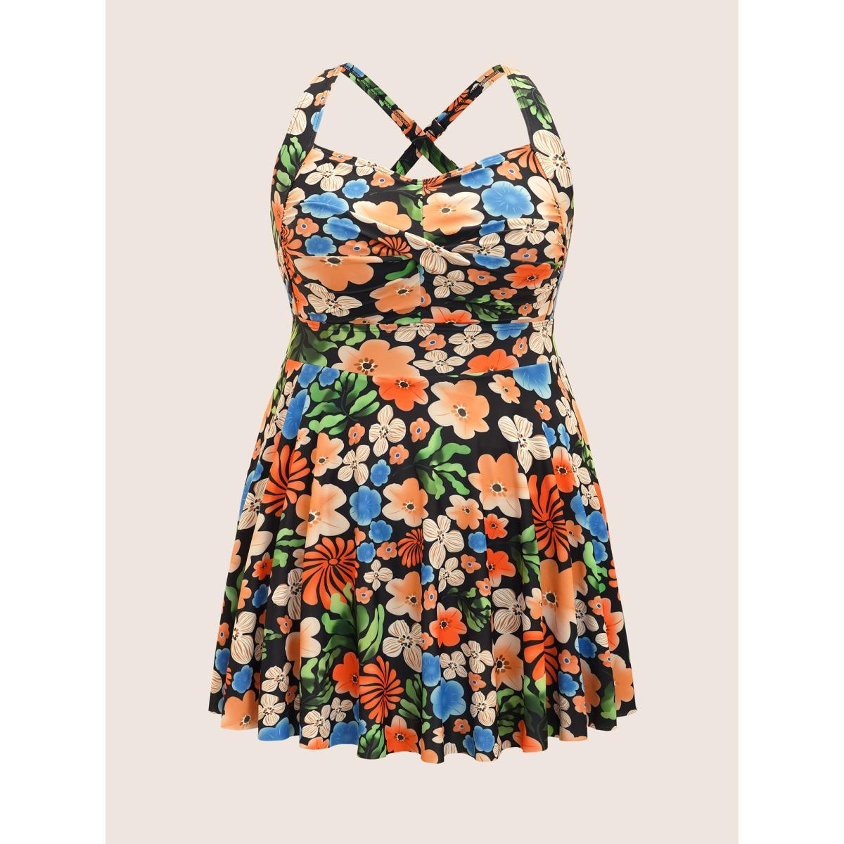 Plus Size Floral Heart Neckline Twist Front Swim Dress Women's Swimwear Multicolor Beach Bodycon Heart neckline High stretch Curve Swim Dresses BloomChic 22-24/3X Product Image