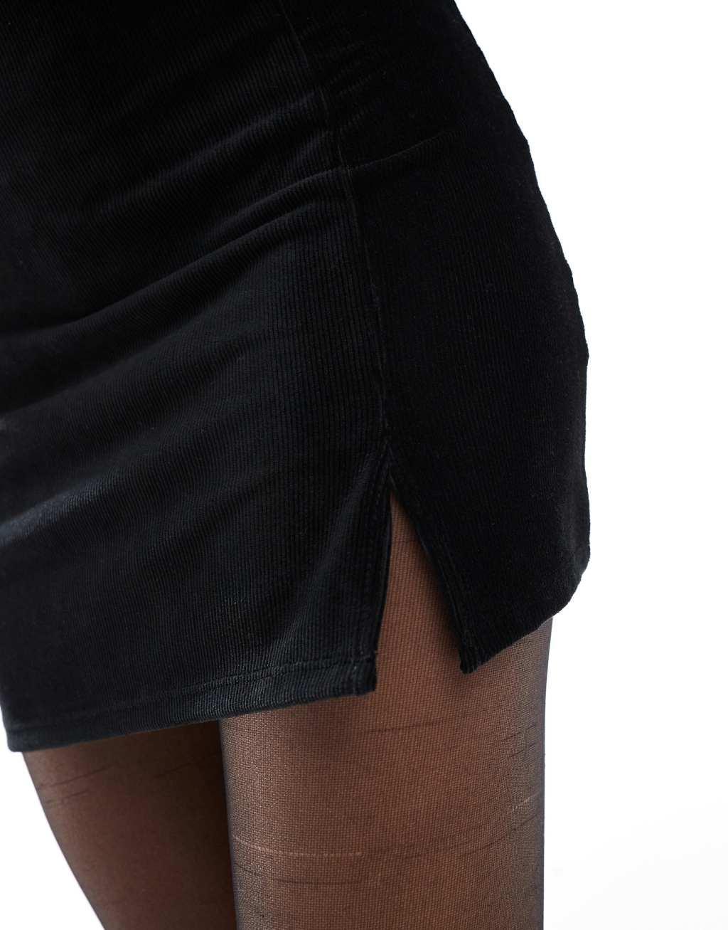 Miss Selfridge velvet rib notch mini skirt in black Product Image