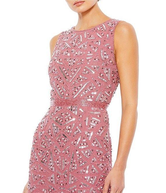 Mac Duggal Sequin Mesh Geometric Pattern High Neck Sleeveless Column Dress Product Image
