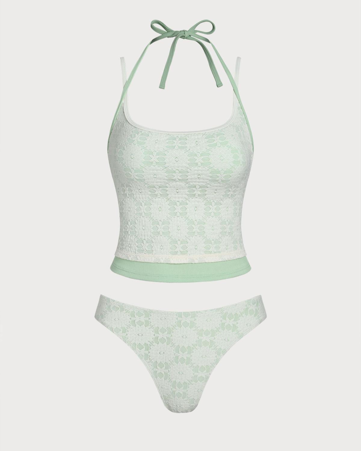 Green Contrast Lace Tankini Swimsuit Product Image