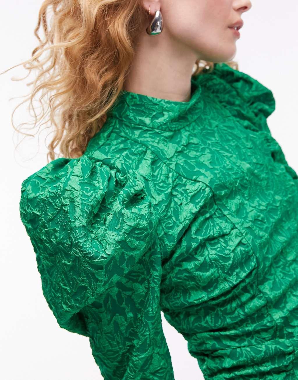 Topshop premium textured high neck top in green Product Image