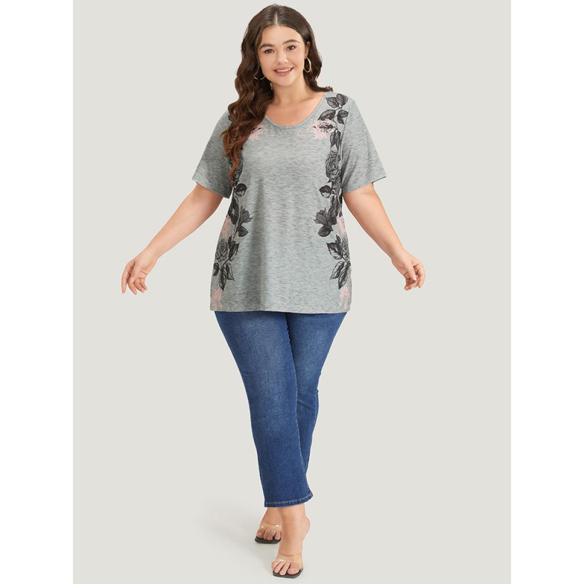 Plus Size Floral Print Contrast Crew Neck T-shirt Gray Women Elegant Printed Floral Round Neck Dailywear T-shirts BloomChic 28/5X Product Image