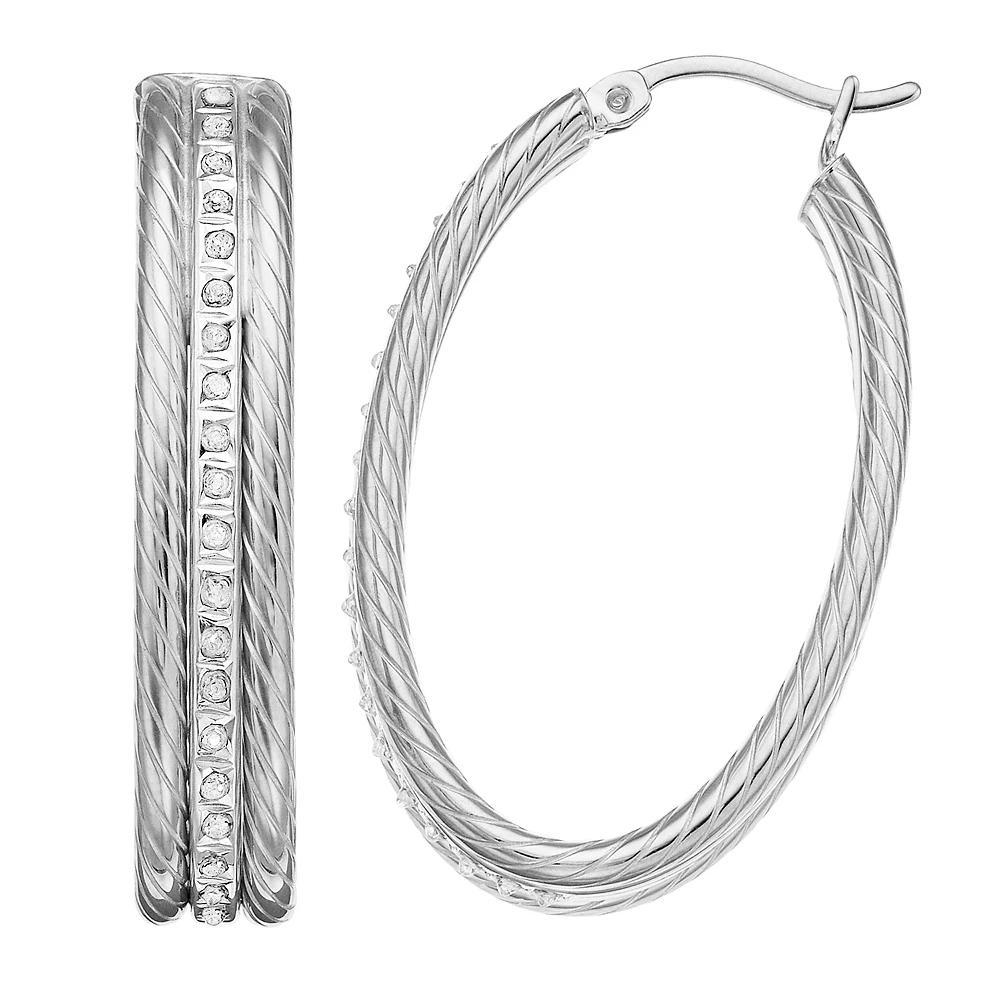 Diamond Mystique Sterling Silver Diamond Accent Oval Rope Hoop Earrings, Women's, White Over Silver Product Image
