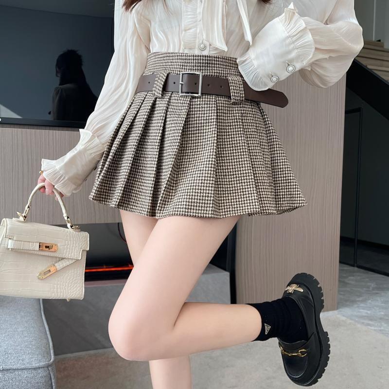 High Waist Houndstooth Pleated Mini A-Line Skirt Product Image