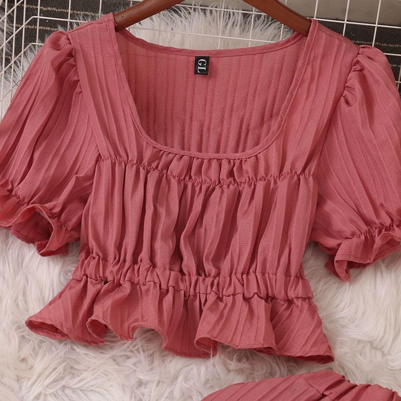 Set: Short-Sleeve Square Neck Plain Cropped Blouse + Elastic Waist Tiered Midi A-Line Skirt Product Image