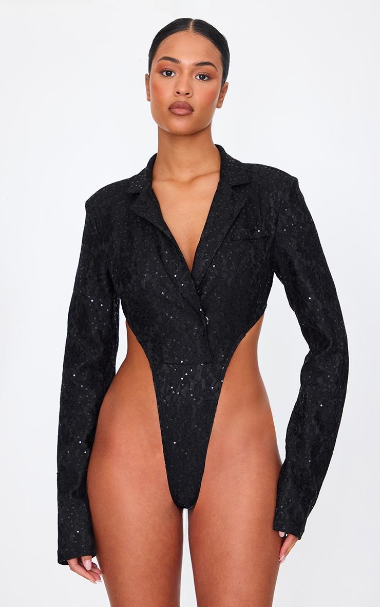 Tall Black Sequin Lace Bodysuit Blazer Jacket Product Image