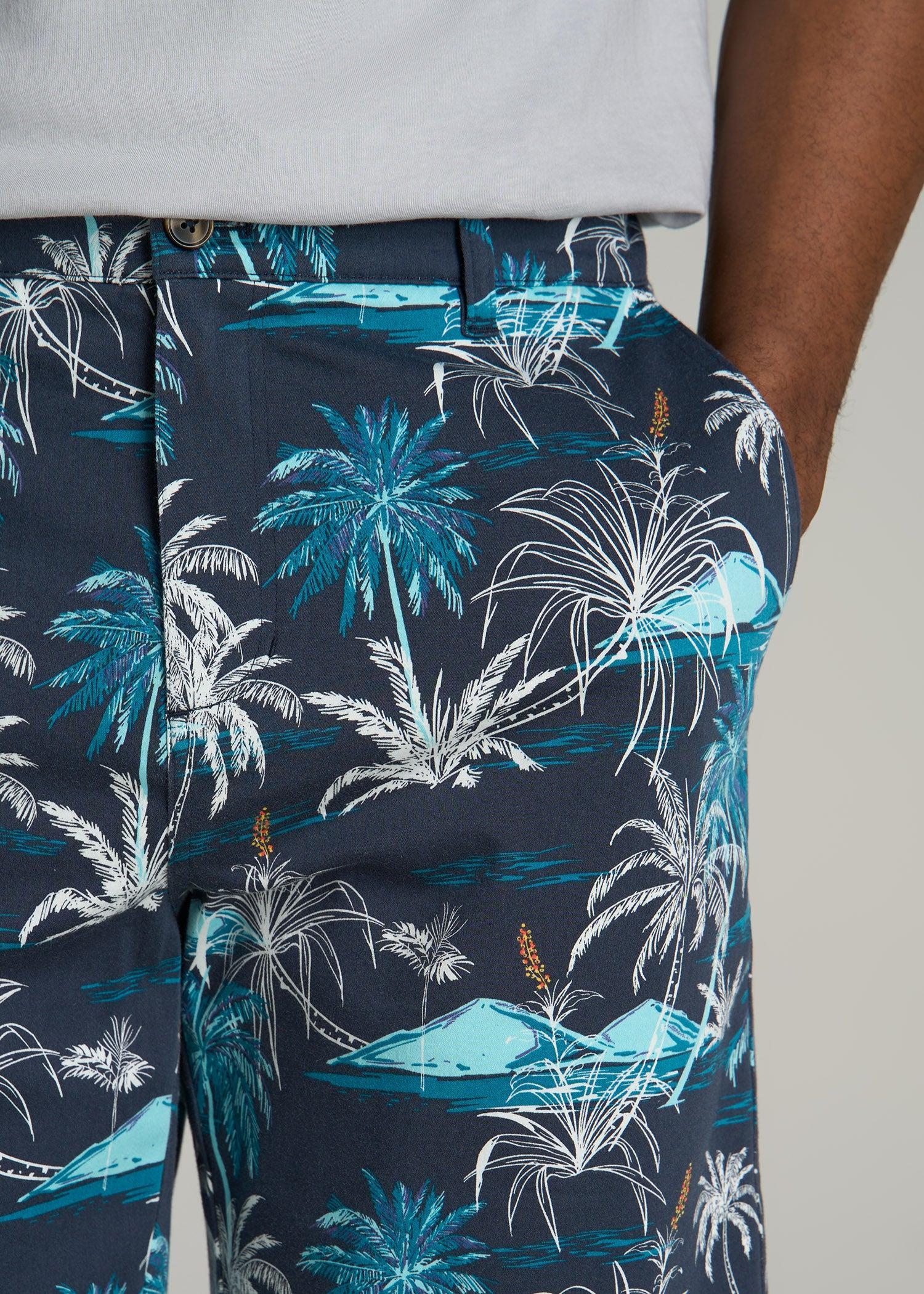 Printed Stretch Cotton Shorts for Tall Men in Blue and White Palms Male Product Image
