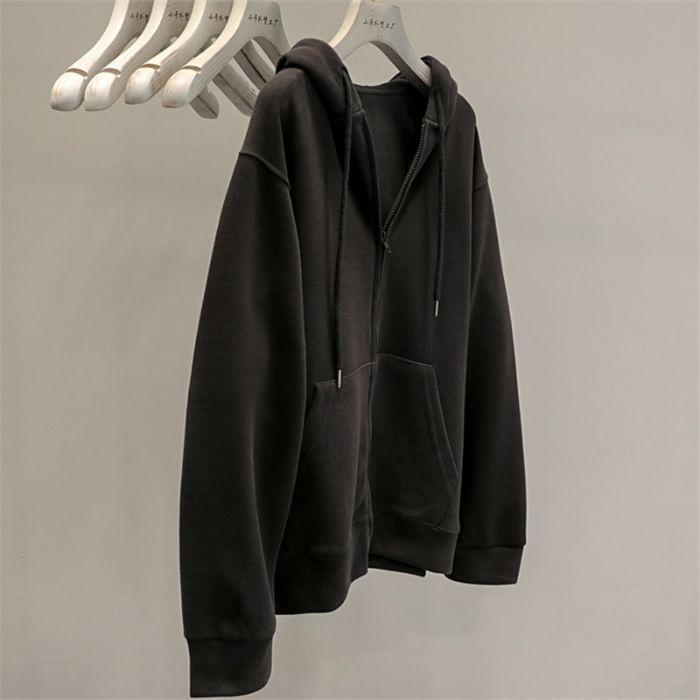 Drawstring Drop Shoulder Plain Zip Up Oversized Hoodie Product Image