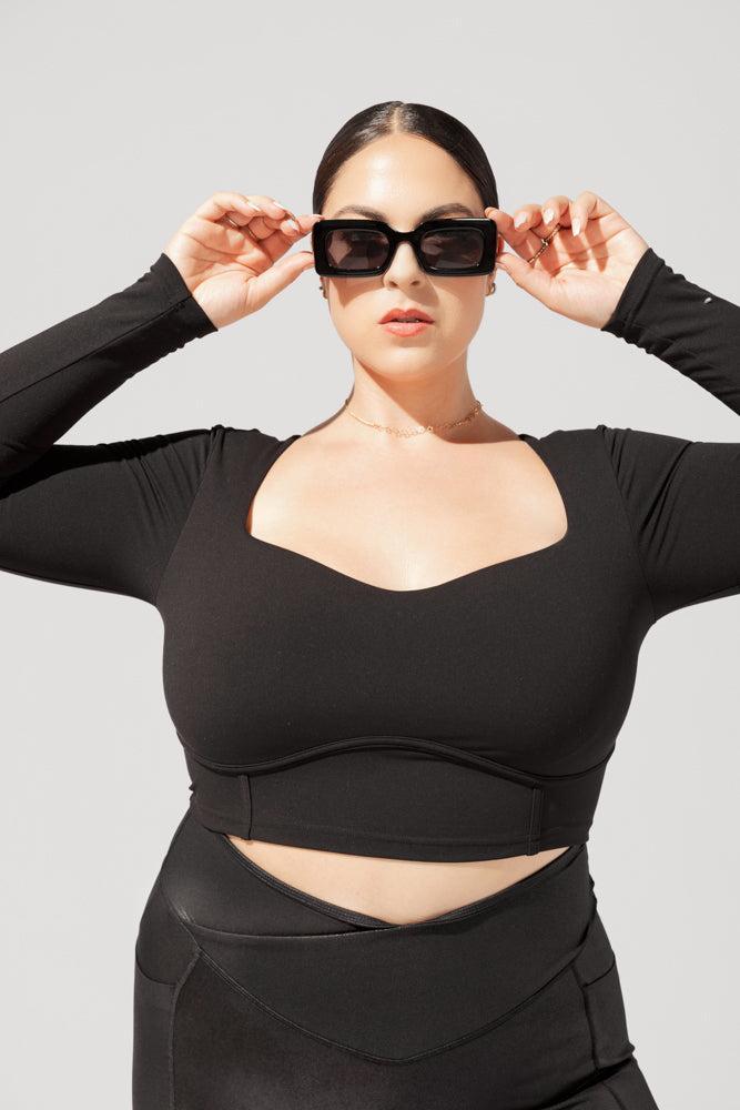 Sweetheart Long Sleeve Crop Top - Black Product Image