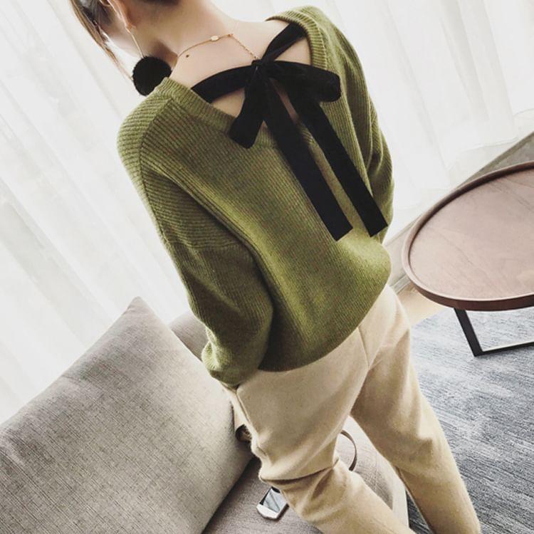 Drop Shoulder Bowknot Back Oversized Sweater Product Image