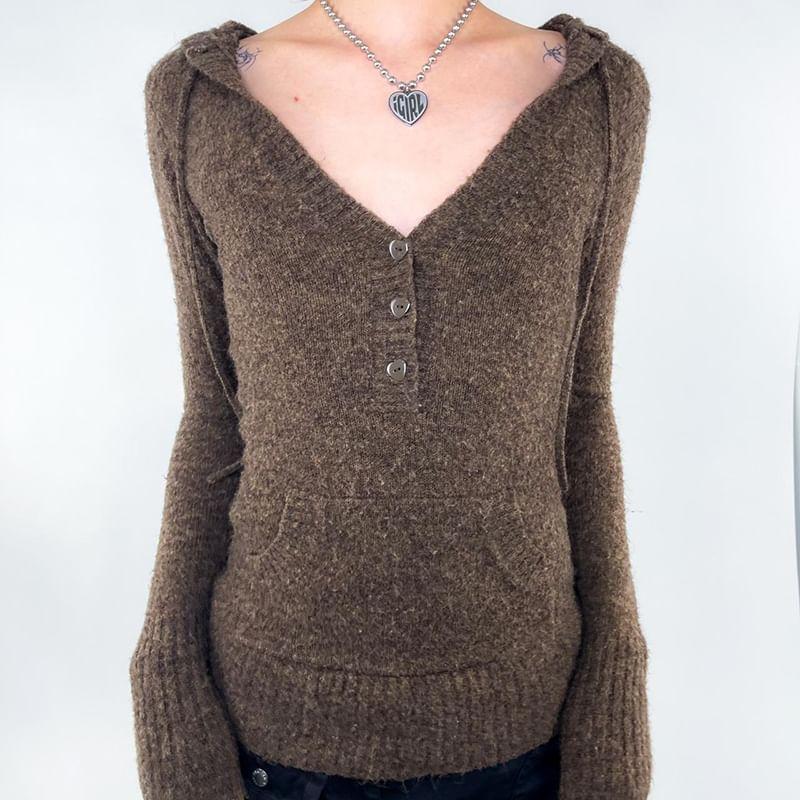 Long Sleeve V-Neck Plain Hood Button Knit Top Product Image