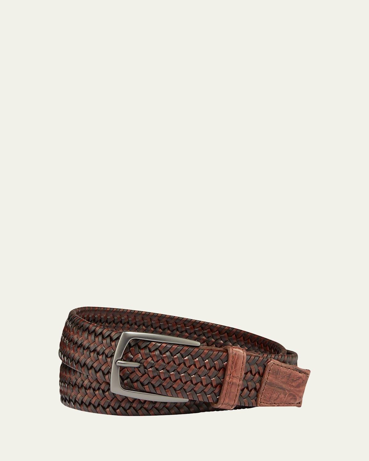 Mens Woven Leather Stretch Belt with Crocodile Trim Product Image