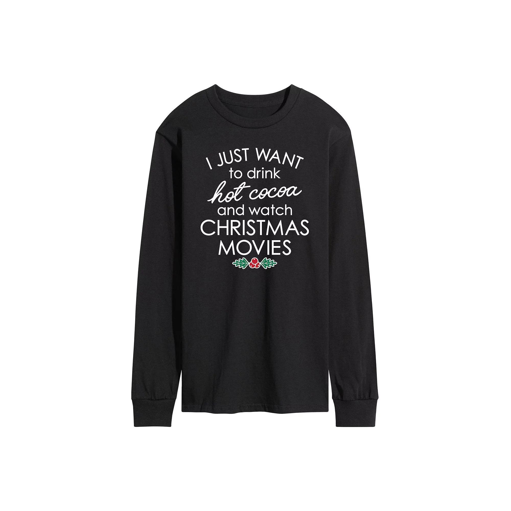 Men's Hot Cocoa and Christmas Movies Long Sleeve Tee, Size: XXL, Black Product Image