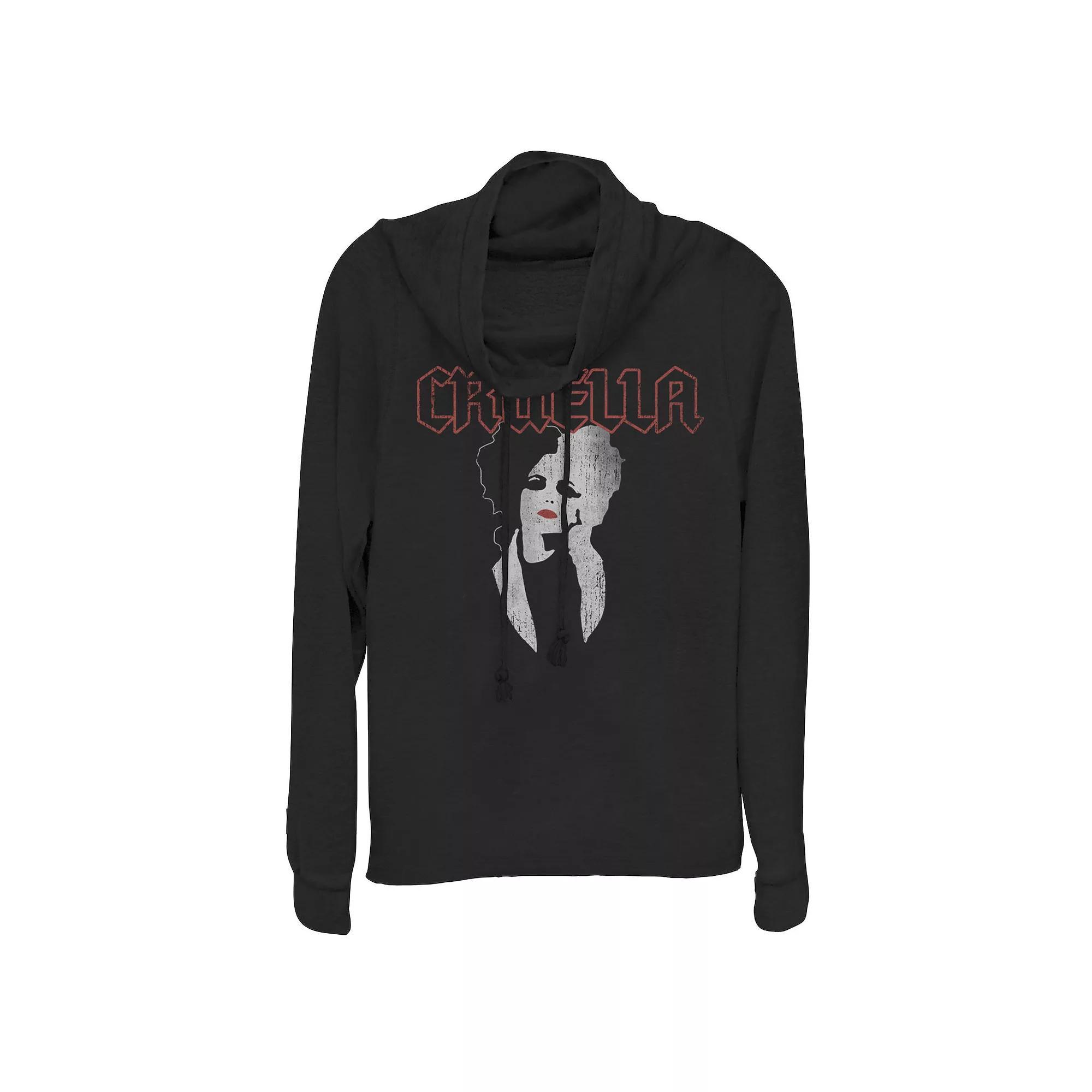 Disney's Cruella Juniors' Dark Portrait Cowlneck Graphic Lightweight Long Sleeve, Girl's, Size: Medium, Black Product Image