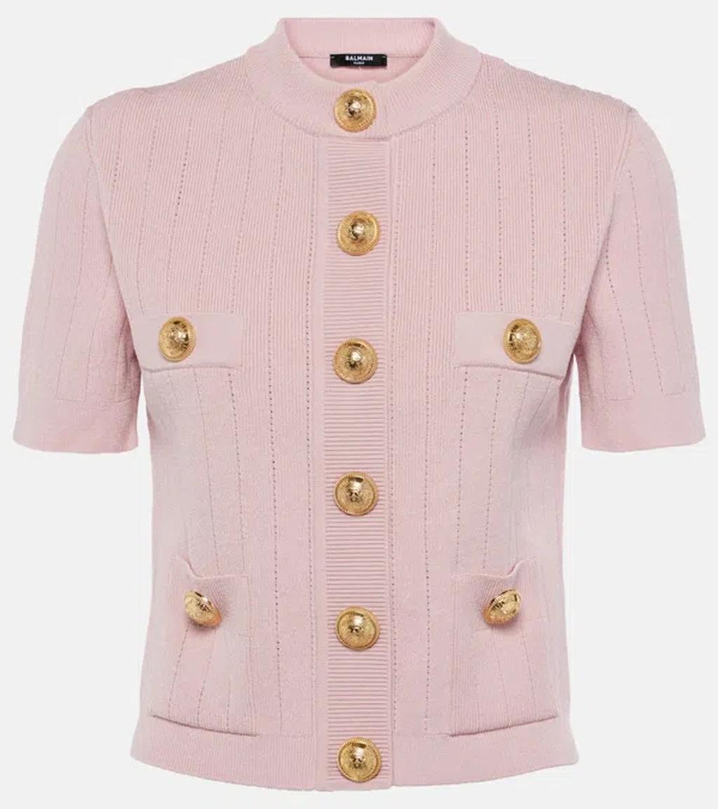 BALMAIN Ribbed-knit Cardigan In Pink Product Image